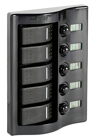 5-fach Schalter Panel mit LED Voltmeter und 12V Steckdose, schwarz